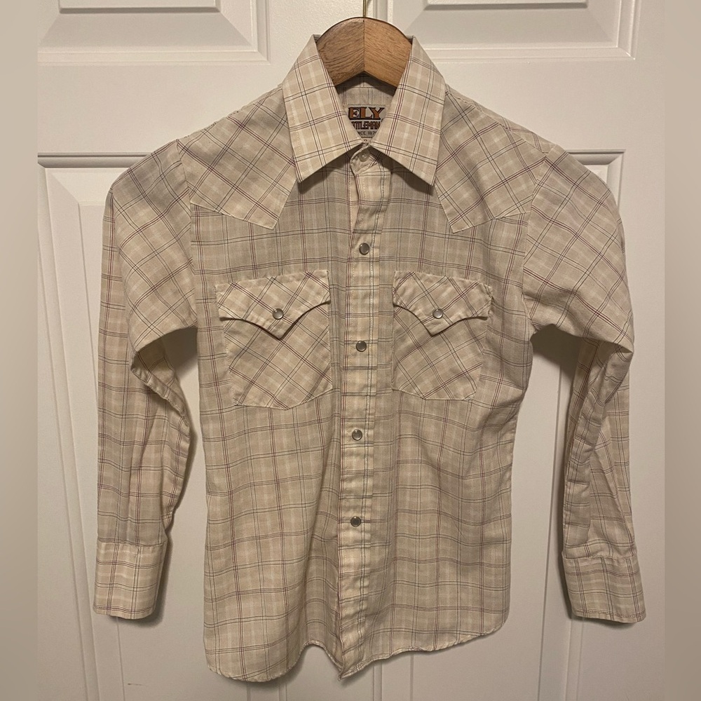 Ely Cattleman Youth 10 Beige Checkered Pearl Snap with Yoke
